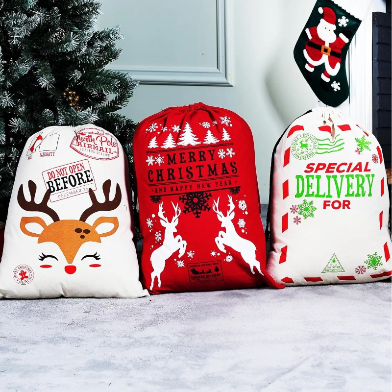 Reusable Christmas Santa Gift Sacks – 3-Pack Canvas Bags Reusable Christmas Santa Gift Sacks – 3-Pack Canvas Bags