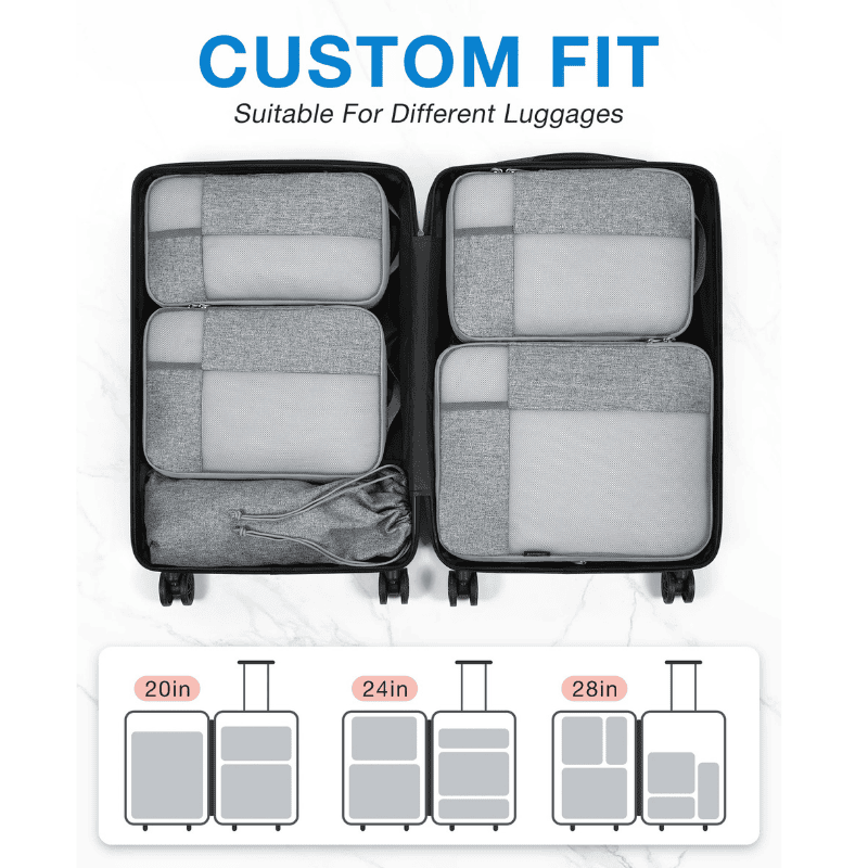 Compression Packing Cubes for Travel – Expandable Luggage Organizers Custom-fit luggage organizer set shown inside an open black suitcase on a white background, with text reading 'CUSTOM FIT' and size diagrams for 20in, 24in, and 28in luggage below.