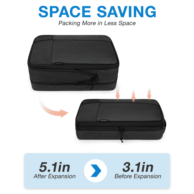 Compression Packing Cubes for Travel – Expandable Luggage Organizers A black zippered storage bag shown in two states on a white background: expanded at the top and compressed at the bottom with arrows indicating space-saving expansion. Text reads 'SPACE SAVING' and shows dimensions '5.