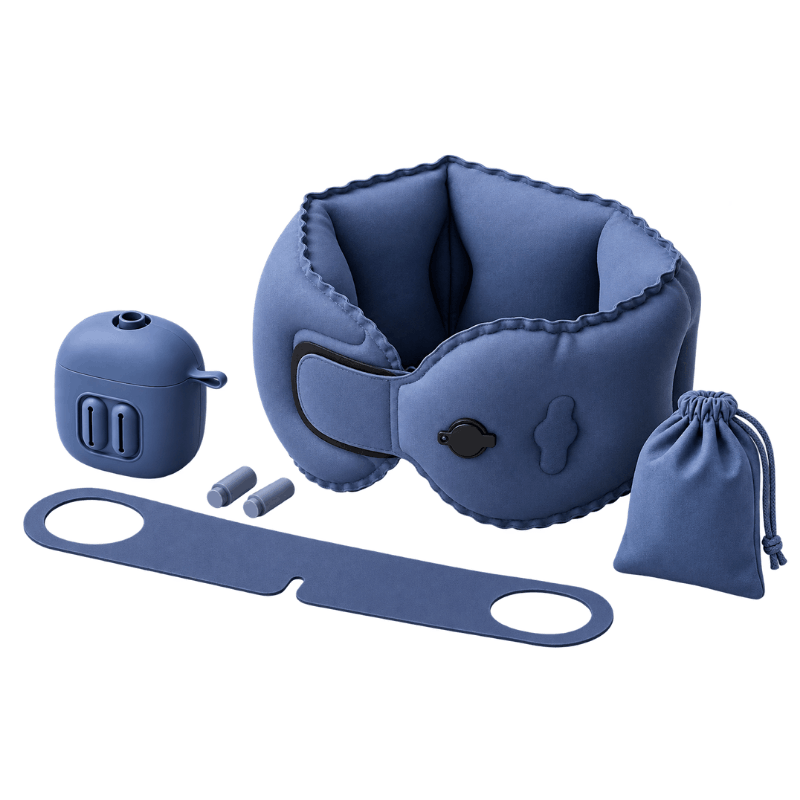A blue silicone travel neck pillow set with an inflatable neck support cushion, a matching travel case, two earplugs, a long strap, and a drawstring pouch on a white background.