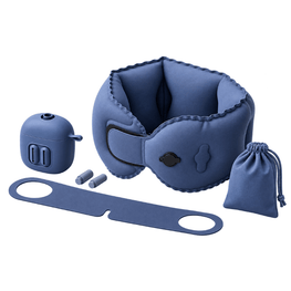 A blue silicone travel neck pillow set with an inflatable neck support cushion, a matching travel case, two earplugs, a long strap, and a drawstring pouch on a white background.