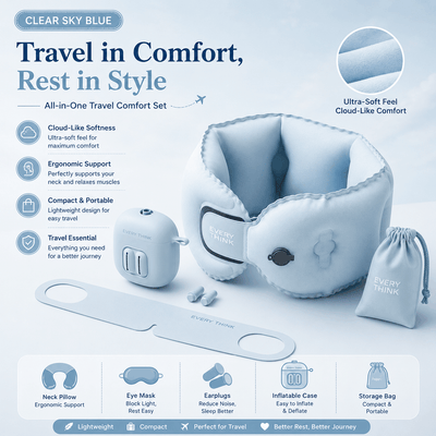 An all-in-one travel neck pillow set in Clear Sky Blue, featuring a cloud-like supportive wrap, a matching eye mask, earplugs, an inflatable storage case, and a drawstring storage bag. The image includes feature callouts and a clean product presentation on a white background.