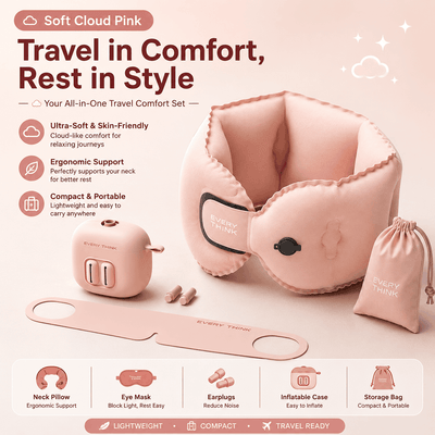Pink travel neck pillow and eye mask set with earplugs and an inflatable storage bag, shown on a soft pink background with product features and icons.