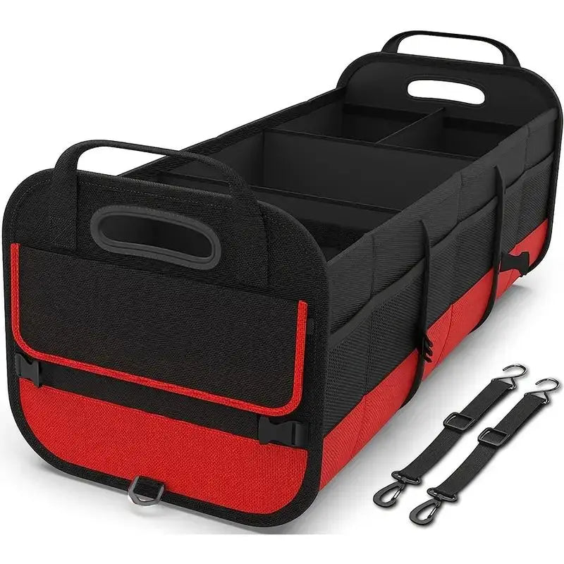 Black and red car trunk organizer with straps on a white background