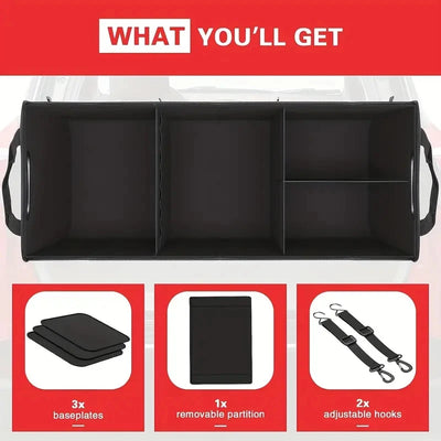 Car trunk organizer with compartments and accessories on a red background