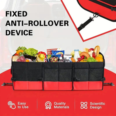 Car trunk organizer with groceries and text 'Fixed Anti-Rollover Device' on a red background