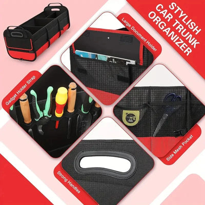 Stylish car trunk organizer with various compartments on a pink background