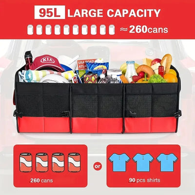 Car trunk organizer with large capacity for groceries and supplies, showing 95L capacity equivalent to 260 cans.