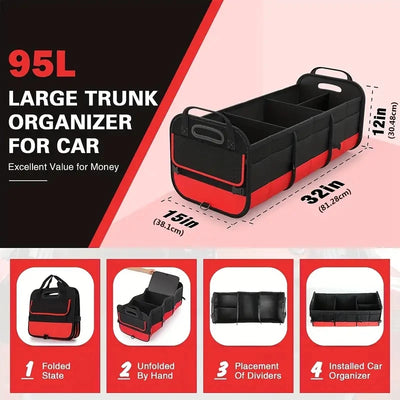 Large trunk organizer for car with dimensions and usage instructions on a pink and black background