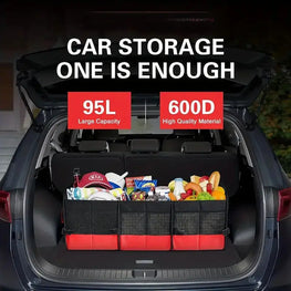 Car trunk with storage organizer showing 95L capacity and 600D material quality.