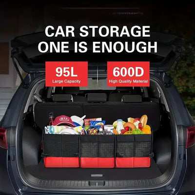 Car trunk with storage organizer showing 95L capacity and 600D material quality.