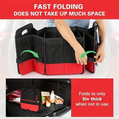 Car organizer with text highlighting fast folding and space-saving features