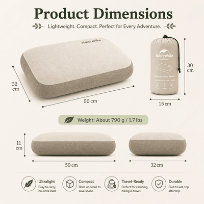 Product dimensions diagram for a Naturehike Memory Foam Pillow, showing the uncompressed pillow (50 cm x 32 cm), packed in its drawstring bag (15 cm x 30 cm), and rolled flat (50 cm x 11 cm), with weight noted as about 790 g / 1.7 lbs.