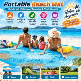 A portable beach mat shown in a beach lifestyle scene with a family sitting on it, alongside feature icons and text highlighting sandproof, waterproof, lightweight, and durable qualities.
