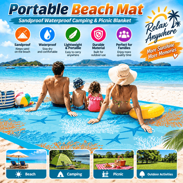 A portable beach mat shown in a beach lifestyle scene with a family sitting on it, alongside feature icons and text highlighting sandproof, waterproof, lightweight, and durable qualities.