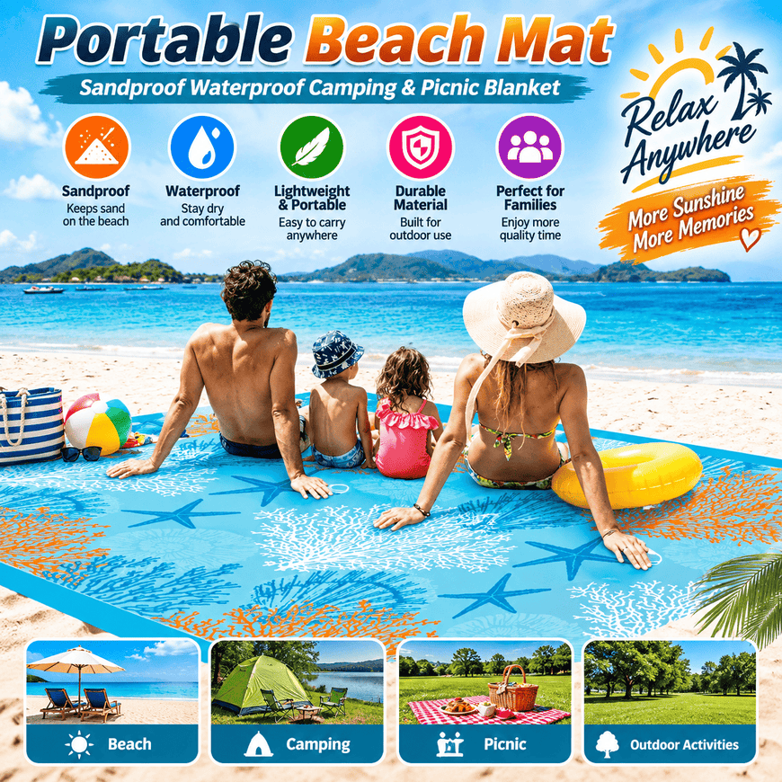 A portable beach mat shown in a beach lifestyle scene with a family sitting on it, alongside feature icons and text highlighting sandproof, waterproof, lightweight, and durable qualities.