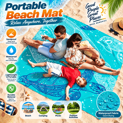 A large portable beach mat with a blue and teal tropical wave design is shown on a sandy beach, with a family lying on top. The image includes marketing text, feature icons (sandproof, waterproof, lightweight, durable), and a circular inset showing the fabric's quick-drying water droplets.