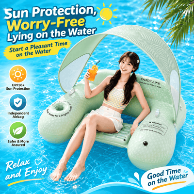 A woman sits on a light green inflatable pool float with a large white sun canopy in a swimming pool. The image includes promotional text and icons about sun protection, independent airbag, and safety.