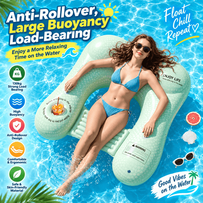 A woman in a blue bikini reclines on a large mint-green inflatable pool float in a swimming pool. The float has printed text including 'ENJOY LIFE' and warning labels.