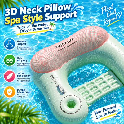 An inflatable neck pillow float shown in a bright blue water-themed graphic with marketing text and feature icons. The float has a pink mesh-covered curved neck support section, a pale mint-green body, and a built-in phone charger port.