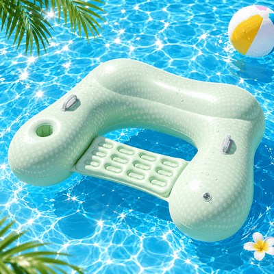 A light mint green inflatable baby pool float with a textured surface and a central support pad, floating in a bright blue swimming pool with palm leaves and a beach ball in the background.