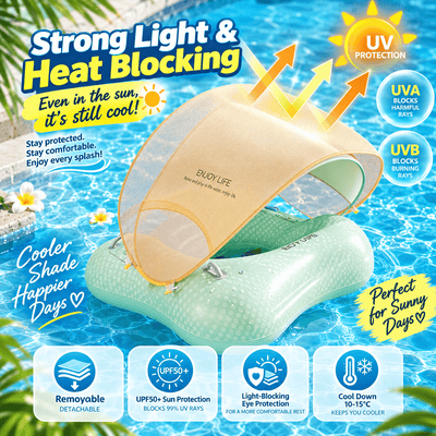 A light green inflatable pool float with a translucent yellow sun shade, shown in a swimming pool with promotional text overlays about UV protection, heat blocking, and comfort.
