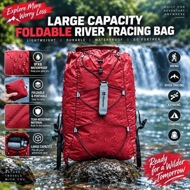 A red foldable river tracing backpack stands on a rock in front of a waterfall, surrounded by promotional text callouts and feature icons for waterproofing, portability, tear resistance, and outdoor activities.
