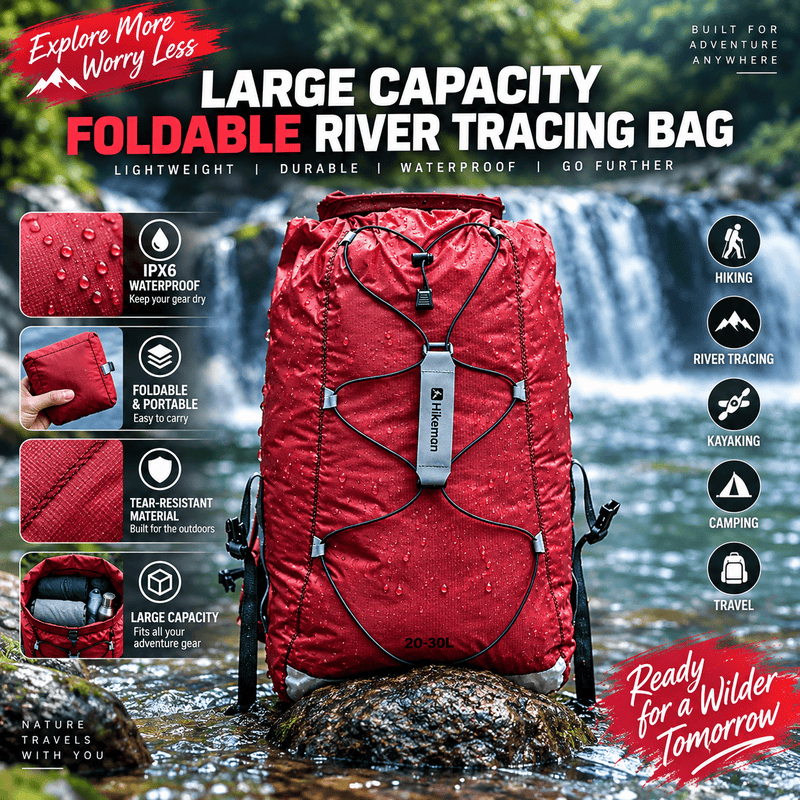 A red 20+6L hiking backpack with gray straps and black compression cords, shown on a clean white background.