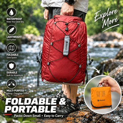 A red waterproof backpack shown on a person standing near a stream, with feature callouts on the left and a circular inset showing the pack folded into a small orange pouch. Visible text includes 'Waterproof', 'Lightweight', 'Foldable', 'Durable', and 'Multi-purpose', with 'Explore More' and 'Foldable & Portable' in large text.