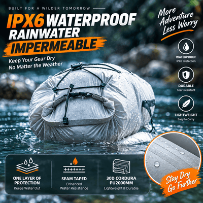 A rolled gray waterproof camping sleeping bag or gear cover shown in flowing water, with marketing text overlays including 'IPX6 WATERPROOF RAINWATER IMPERMEABLE' and feature callouts like waterproof ink protection, tear resistance, and lightweight design.