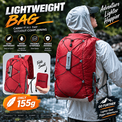 A person wearing a red backpacking backpack outdoors by a river, shown from the back. The image includes large promotional text, feature icons, a smaller inset of the packed bag folded, and marketing claims such as 'Lightweight Bag,' 'Only 155g,' and 'Adventure Lighter Happier.