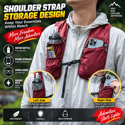 A man wearing a red shoulder strap storage vest over a white jacket, demonstrating pockets for a water bottle and a phone. The image includes feature callouts and diagrams showing the vest's storage capabilities.