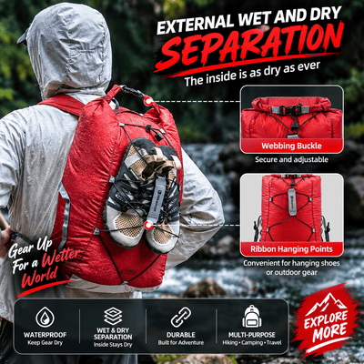 A red dry backpack shown on a person wearing a gray waterproof jacket outdoors, with marketing text and inset feature callouts about webbing buckle and ribbon hanging points.