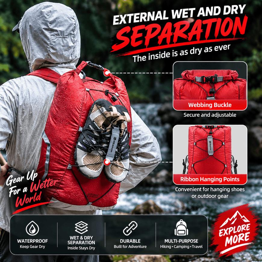 A red dry backpack shown on a person wearing a gray waterproof jacket outdoors, with marketing text and inset feature callouts about webbing buckle and ribbon hanging points.