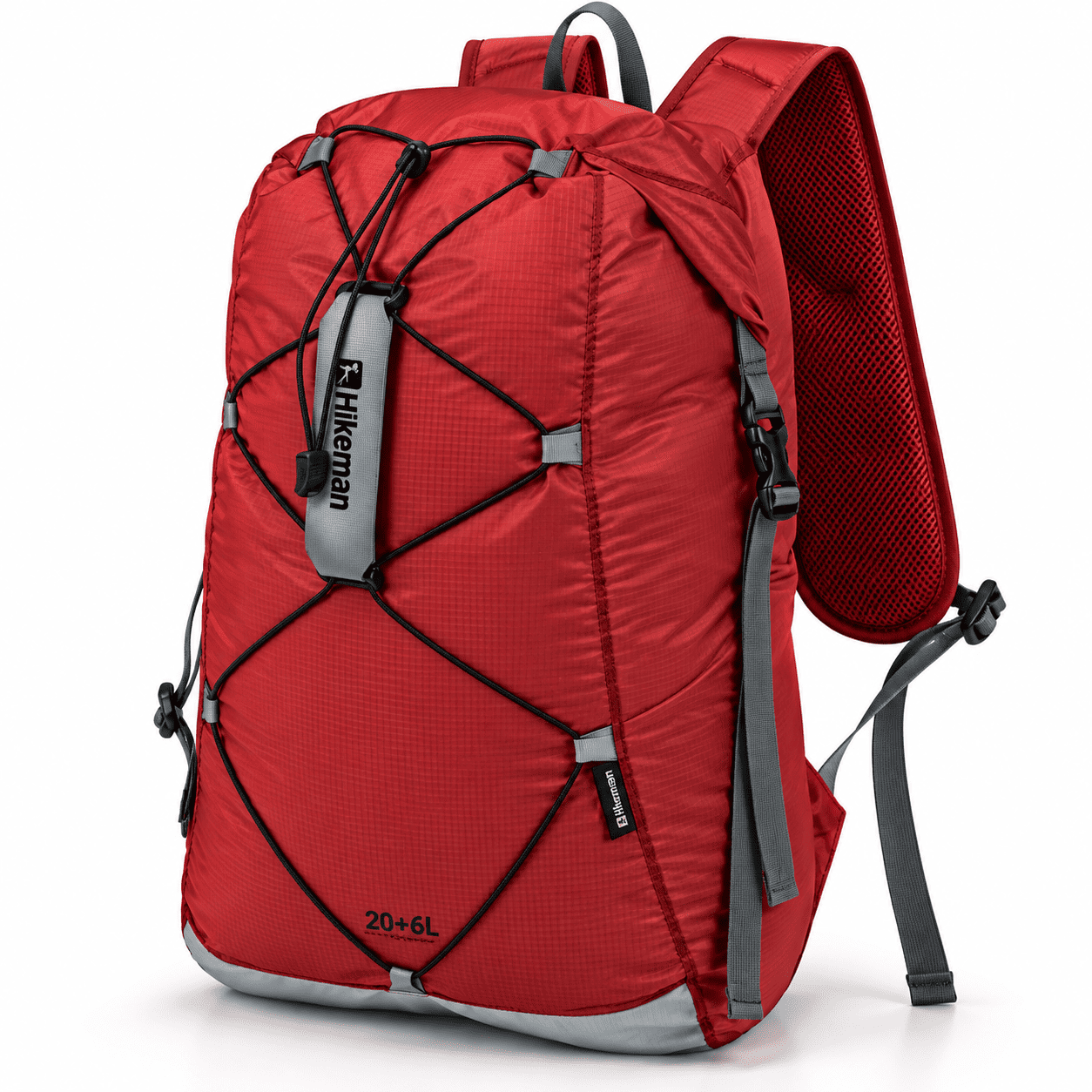 A red 20+6L hiking backpack with gray straps and black compression cords, shown on a clean white background.