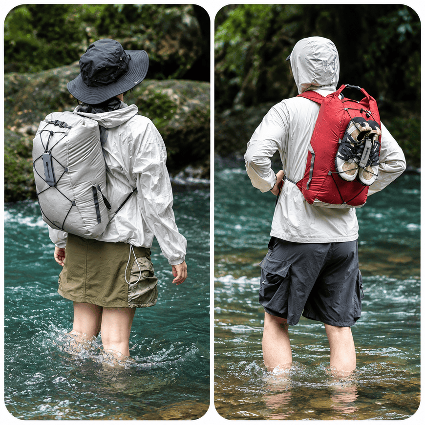 Two people standing in a river, shown from behind, wearing waterproof backpacks. The left person wears a light gray waterproof jacket and shorts, while the right person wears a white waterproof jacket and dark gray shorts.