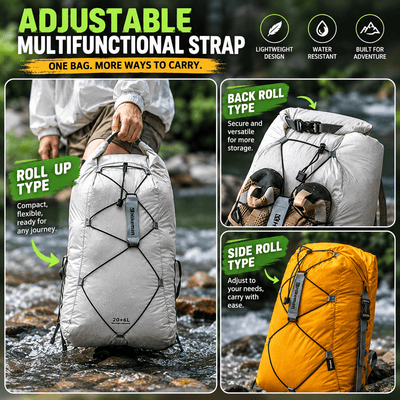Promotional graphic for an adjustable multifunctional backpack strap system, showing three usage examples: rolled type on a person in a stream, back roll type with shoes, and side roll type on a yellow backpack. The image includes feature icons and text such as lightweight design, water resistant, and built for adventure.