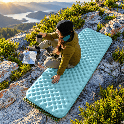 A person sits on a mint green inflatable camping sleeping pad placed on a rocky mountain ridge with shrubs and a scenic lake in the background. The person wears a tan puffer jacket, olive pants, and a black beanie, holding a metal cup.