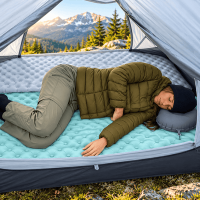 A woman lies on a light aqua sleeping pad inside a gray tent, wearing an olive green puffer jacket and pants, with a mountain landscape visible through the tent opening.