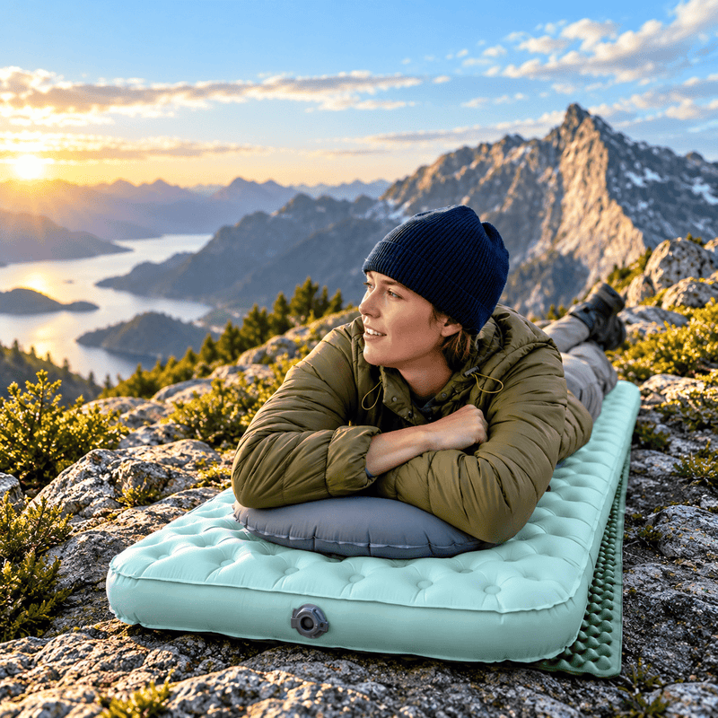 A mint green inflatable sleeping pad with a diamond-quilted pattern, shown vertically against a plain white background.