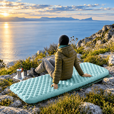 A person sits on a mint green inflatable camping sleeping pad on a rocky cliffside overlooking a calm sea at sunset. The person is seen from behind, wearing a brown puffer jacket and gray pants, with a small camping setup beside them.
