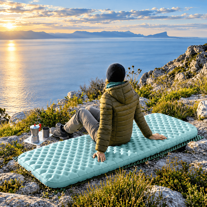 A person sits on a mint green inflatable camping sleeping pad on a rocky cliffside overlooking a calm sea at sunset. The person is seen from behind, wearing a brown puffer jacket and gray pants, with a small camping setup beside them.