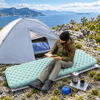 A woman sits on a mint green camping sleeping pad next to a white dome tent, reading a book on a rocky mountain peak with a sea and mountains in the background.