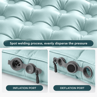 A close-up of a light aqua tufted inflatable sleeping pad with a text banner explaining spot welding and pressure dispersion. Below, two inset panels show the inflation and deflation ports on the side of the pad.