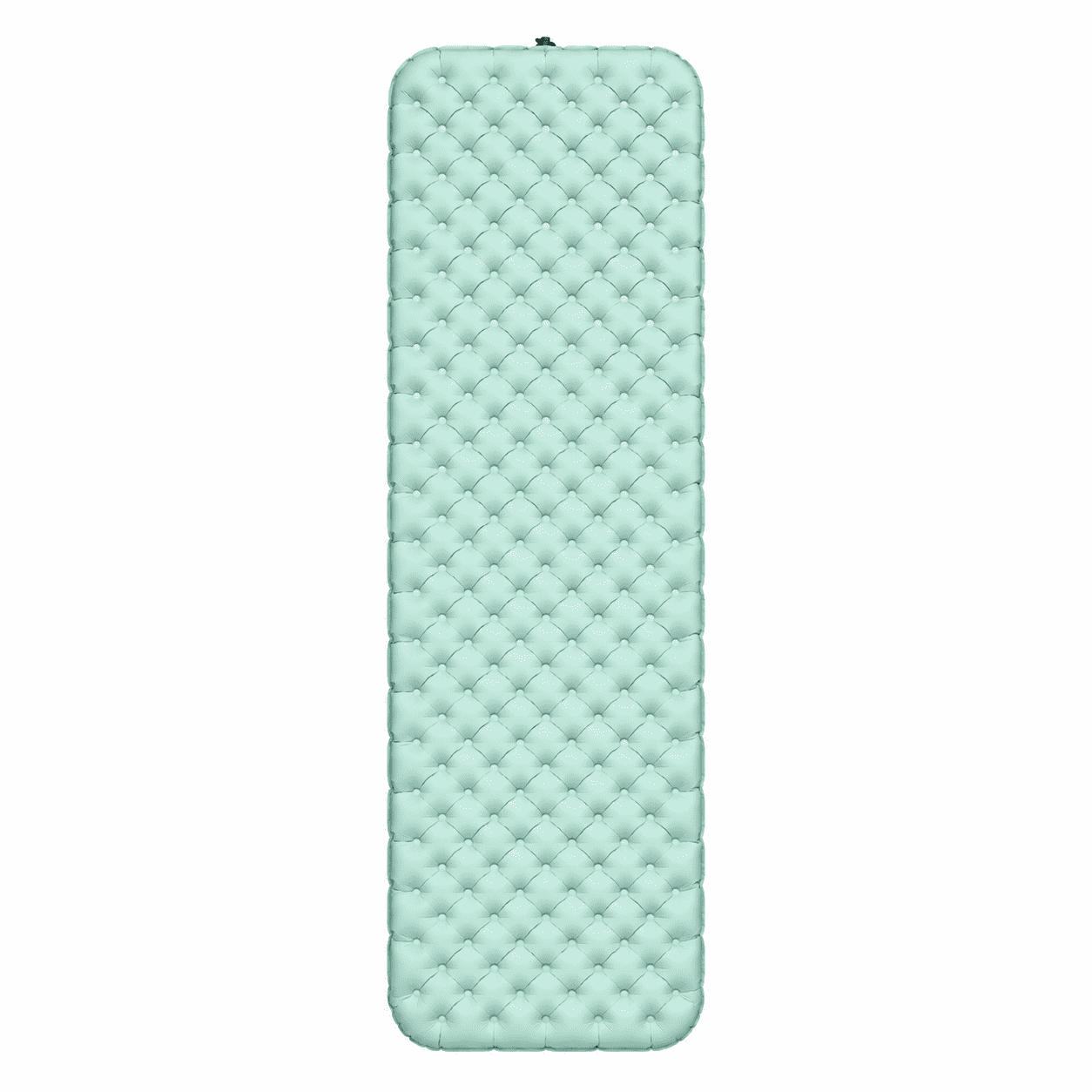 A mint green inflatable sleeping pad with a diamond-quilted pattern, shown vertically against a plain white background.