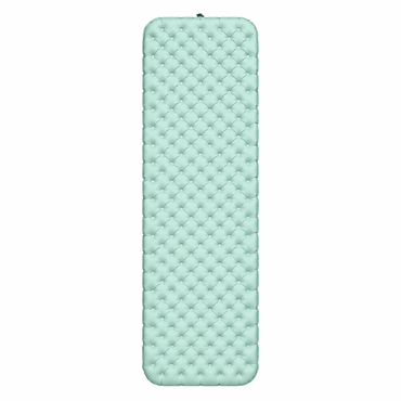 A mint green inflatable sleeping pad with a diamond-quilted pattern, shown vertically against a plain white background.