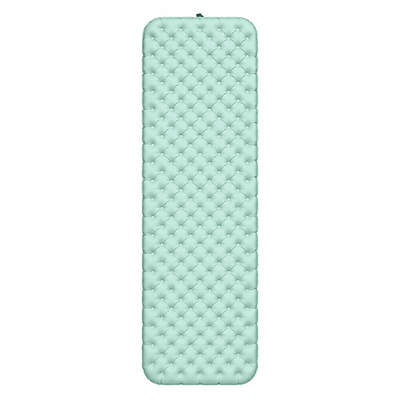 A mint green inflatable sleeping pad with a diamond-quilted pattern, shown vertically against a plain white background.