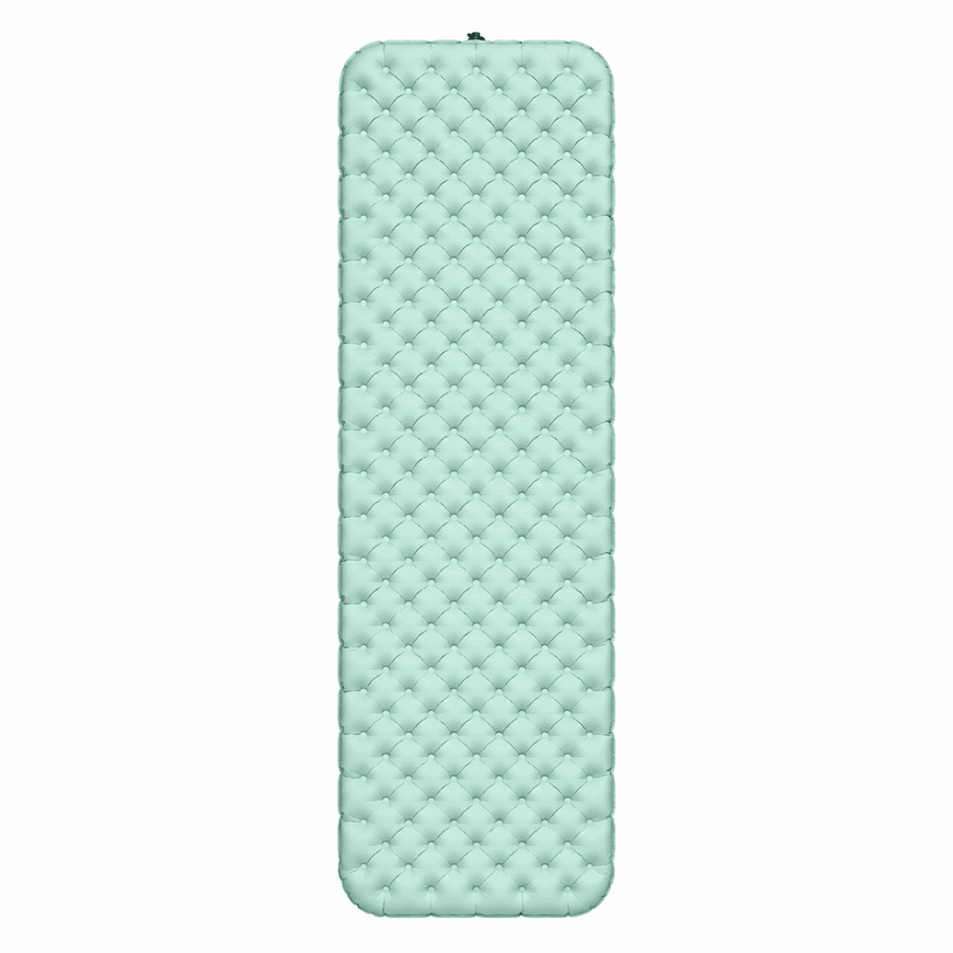 A mint green inflatable sleeping pad with a diamond-quilted pattern, shown vertically against a plain white background.