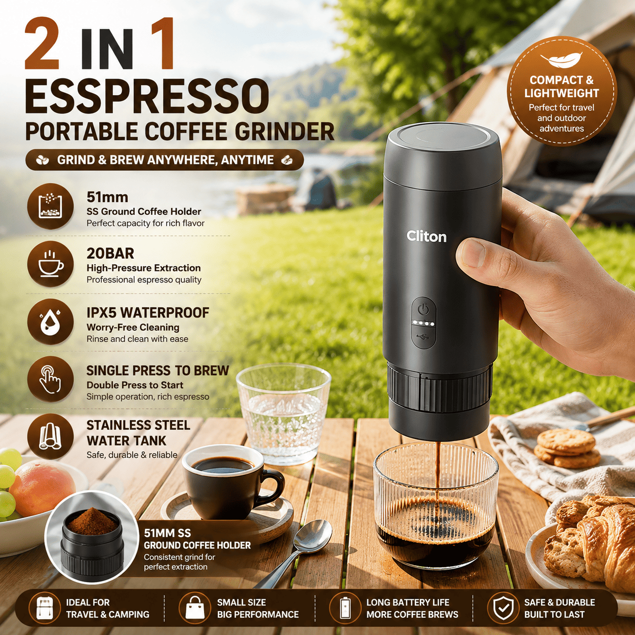 A promotional graphic for the Cliton 2-in-1 Espresso Portable Coffee Grinder. It features a hand holding the black cylindrical grinder over a glass cup filled with espresso, set on a wooden table with coffee cups, ground coffee, and pastries.