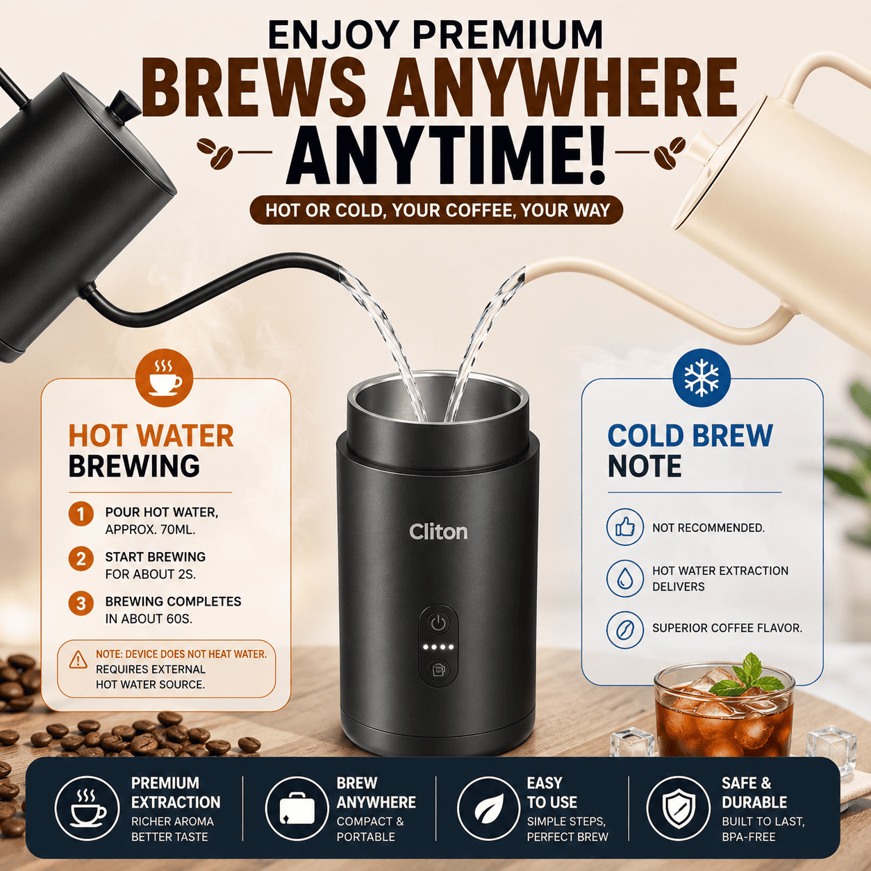 A promotional graphic for the Cliton portable coffee maker showing hot and cold brewing methods. The black Cliton device is centered, with a black kettle pouring water into it for hot water brewing and a beige kettle pouring liquid into it for cold brew.